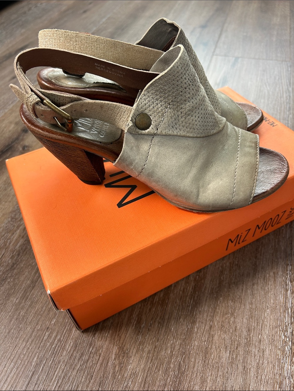 Miz Mooz Taupe Perforated Leather Open-Toe Slingback Mules